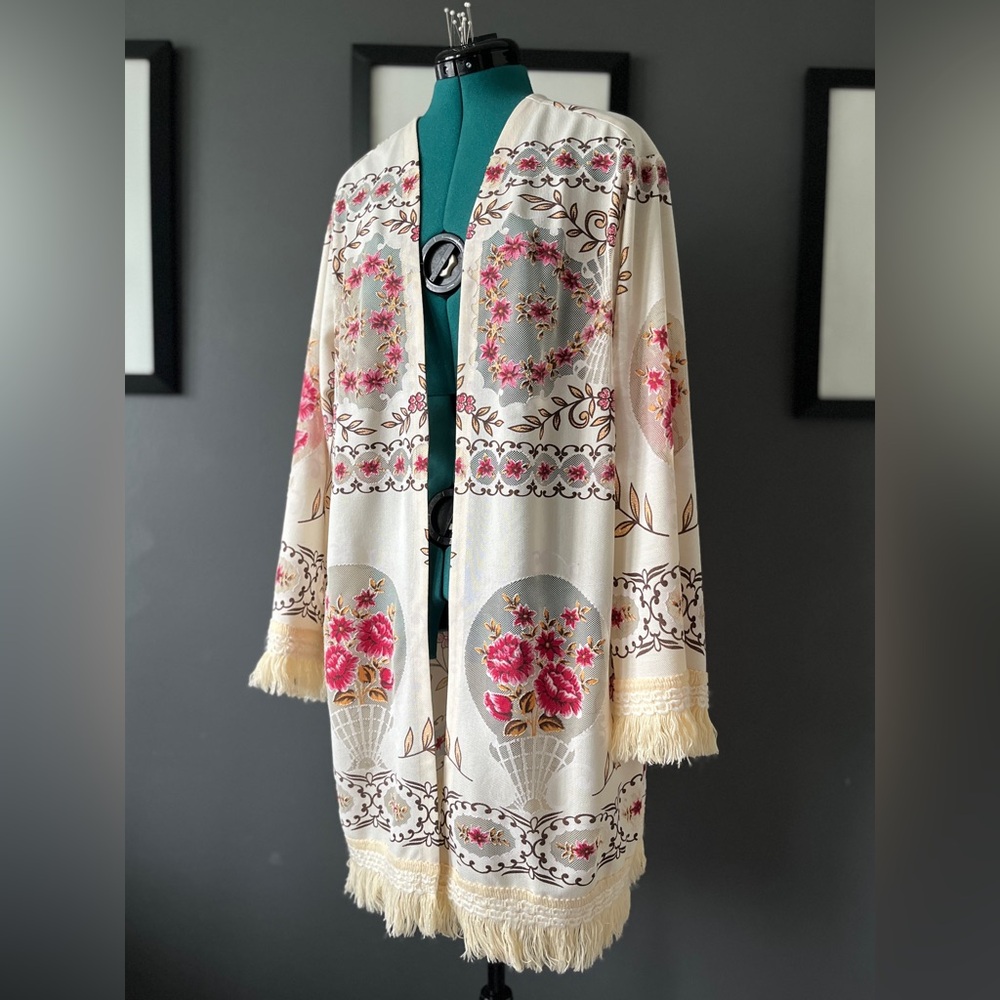 Fringed duster cardigan, reworked vintage tablecloth, ladies’ size XS S M